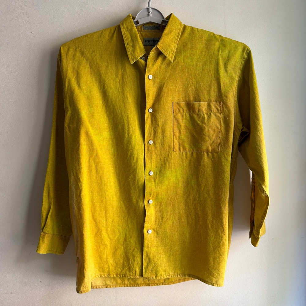 Robert Stock Button Down Shirt Ramie Long Sleeve Yellow Large